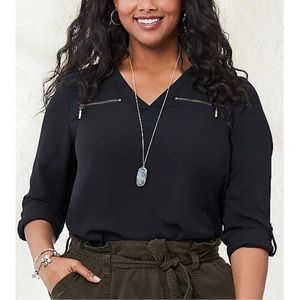 ✨NWT✨ Maurices Zipper Detail V-Neck Roll Tab Sleeve Blouse - Black - Size 2X